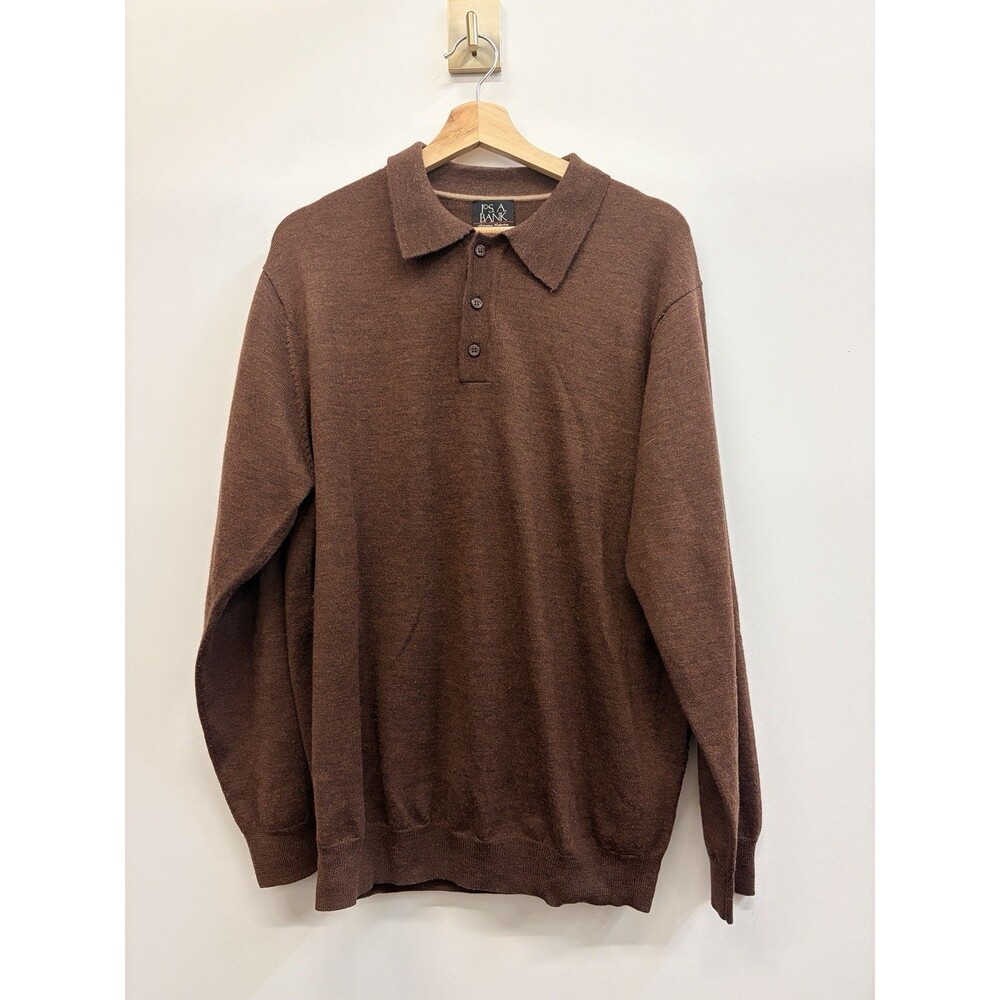 Jos A Bank Signature XL  Polo Shirt Sweater 100% Merino Wool Long Sleeve Brown